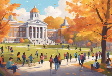 A bustling college campus with iconic architecture, vibrant fall foliage, and students engaged in academic and extracurricular activities