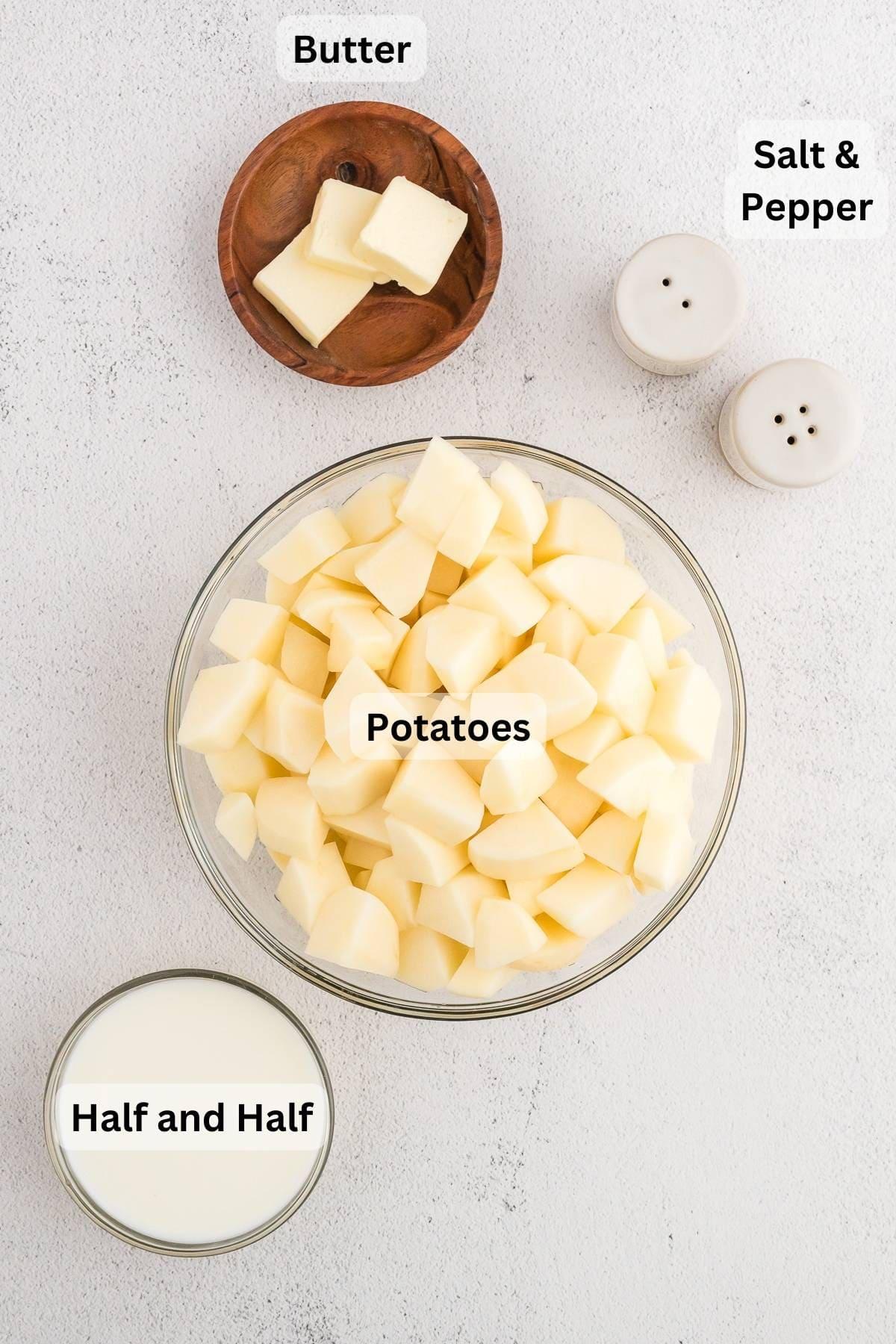 Ingredients for kitchenaid mashed potatoes with text labels.