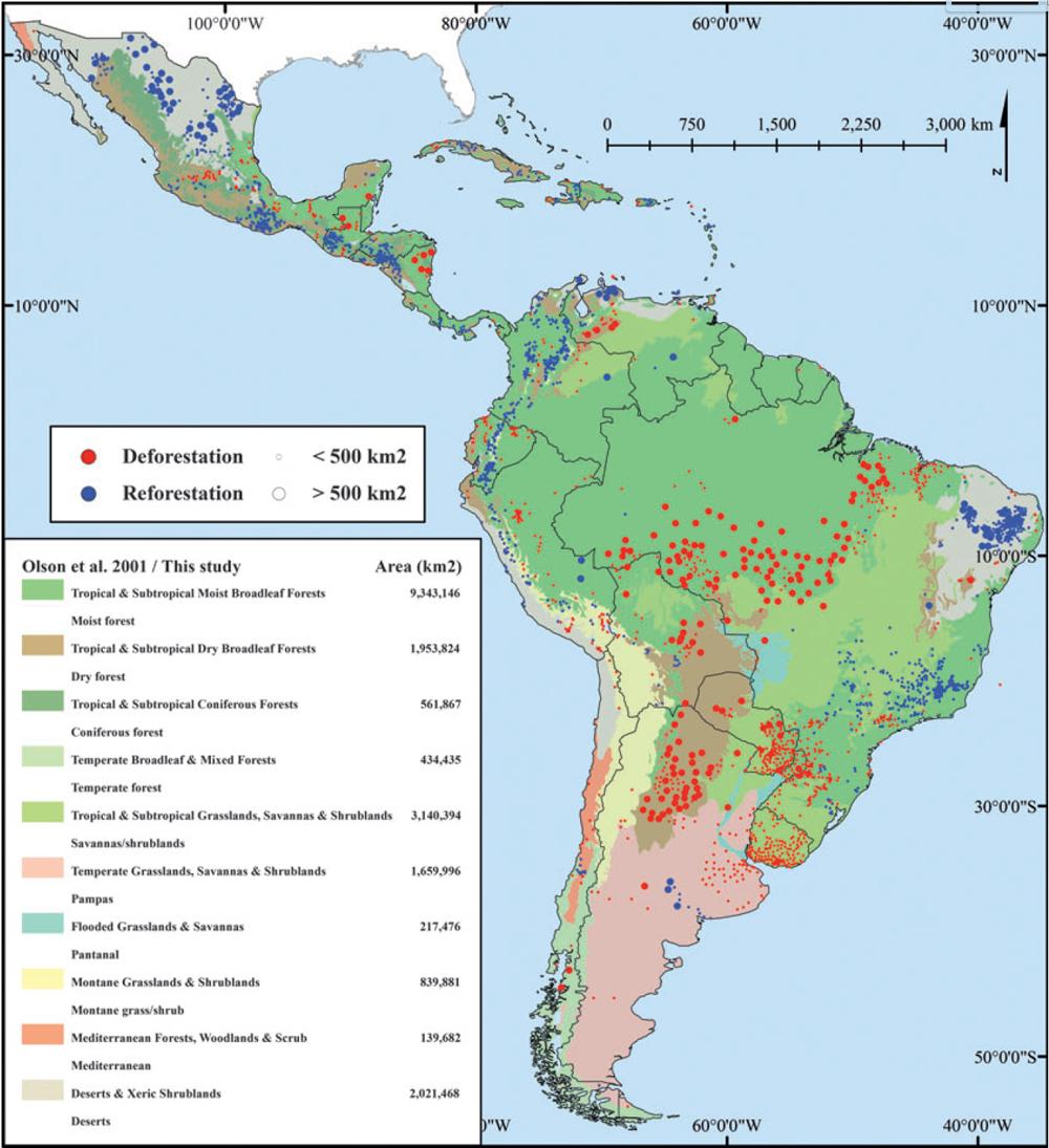 Change in forest cover across South America, 2001-2010.