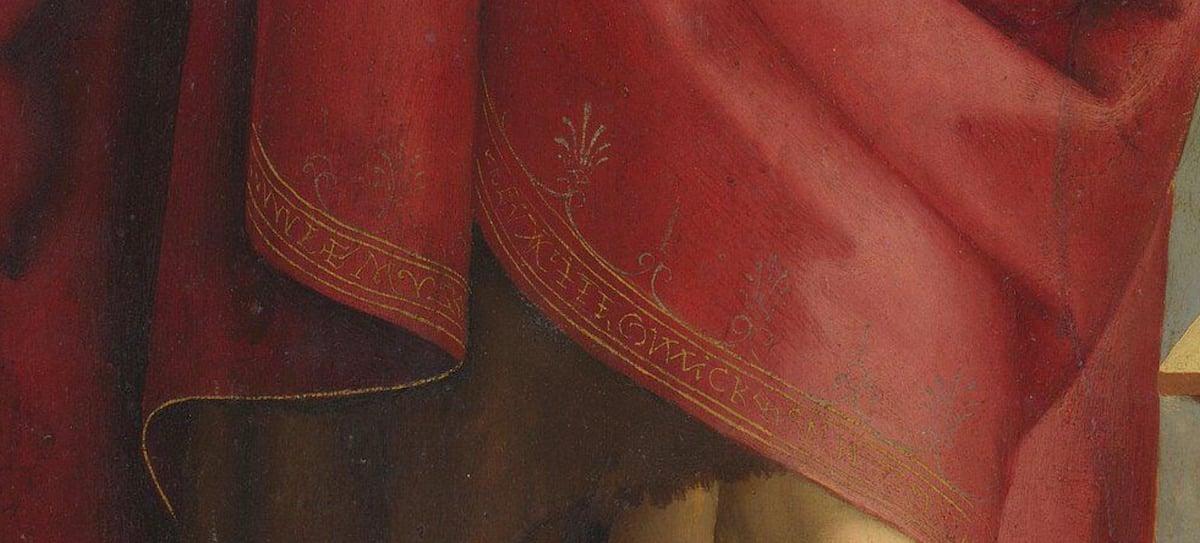 The detail view of the Ansidei Madonna shows shell gold and silver on the hem of the cloak