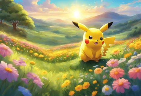 A Pikachu standing on a grassy field, surrounded by colorful flowers and small creatures. The sun is shining brightly in the sky, casting a warm glow over the scene