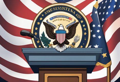 A podium with a presidential seal, a microphone, and an American flag in the background