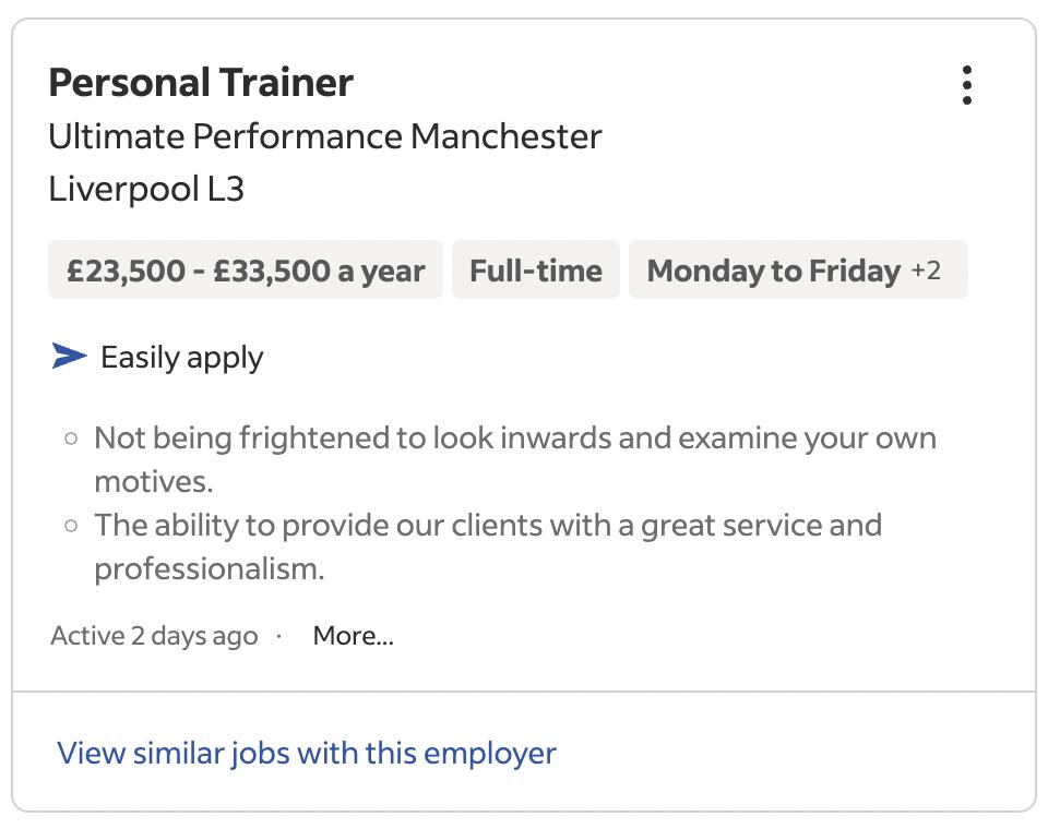 Ultimate Performance Job Ad for Someone with a Personal Trainer Certification