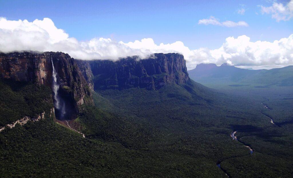 Aerial view on Salto del Angel, the longest waterfall in South America and in the world