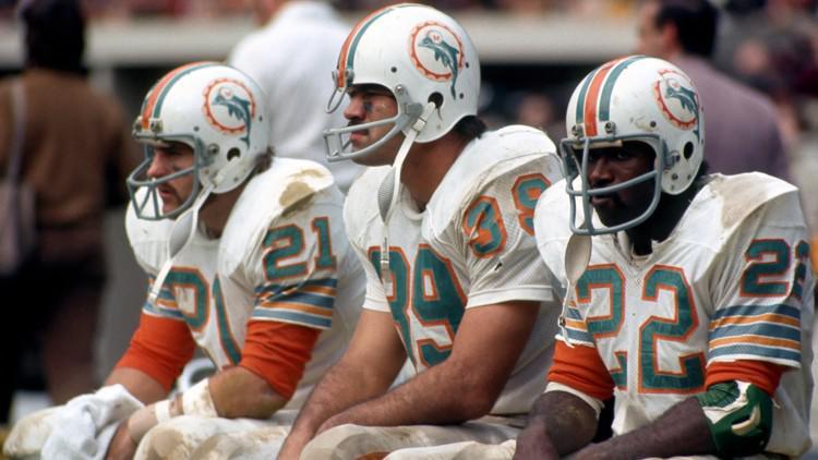 Jim Kiick (left), Larry Csonka and Mercury Morris during the Dolphins ’ championship seasons.