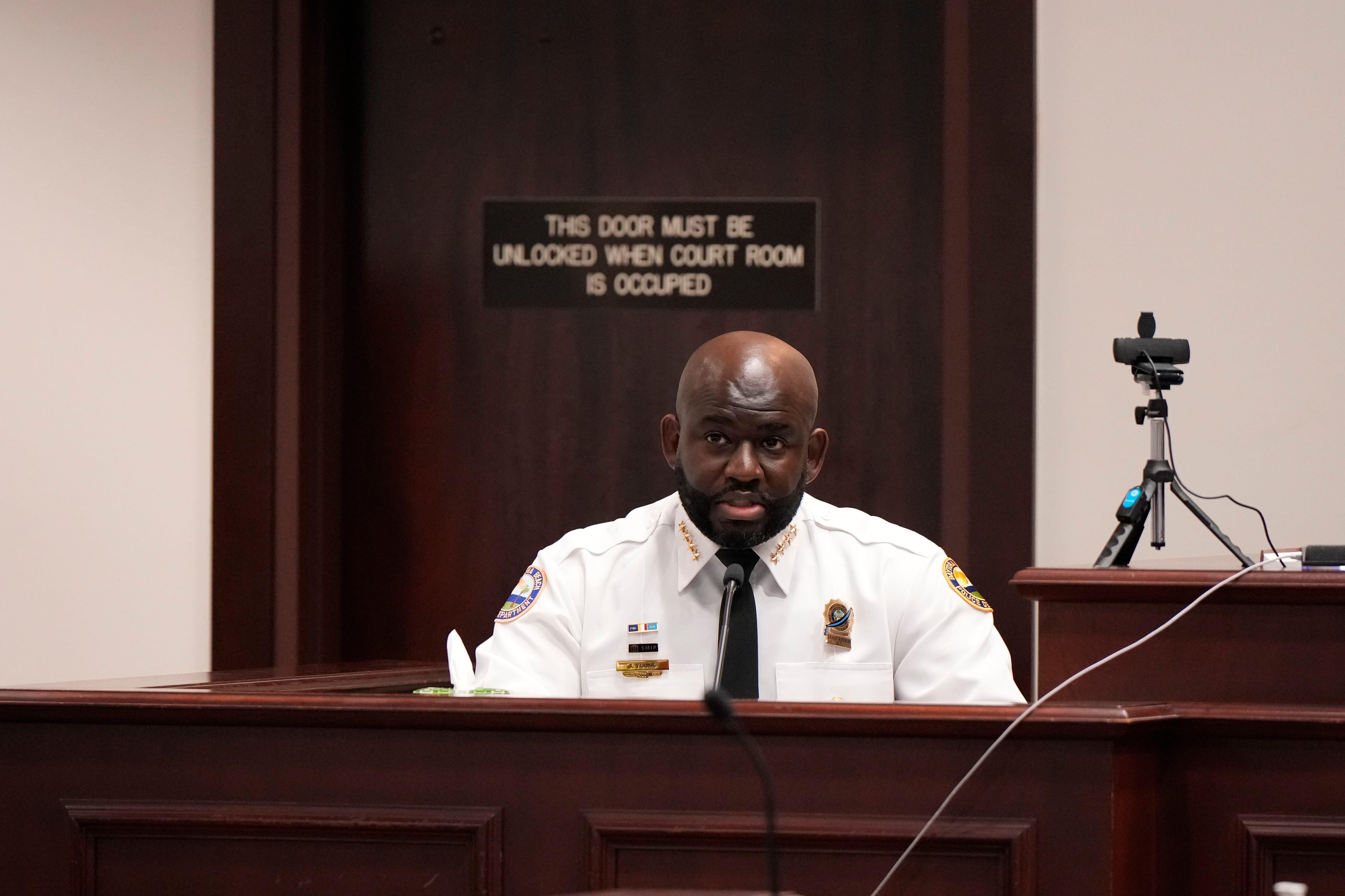 Daytona Beach Police Chief Jakari Young takes the stand in the sentencing of Othal Wallace in Daytona Beach Friday, Oct. 27, 2023.
