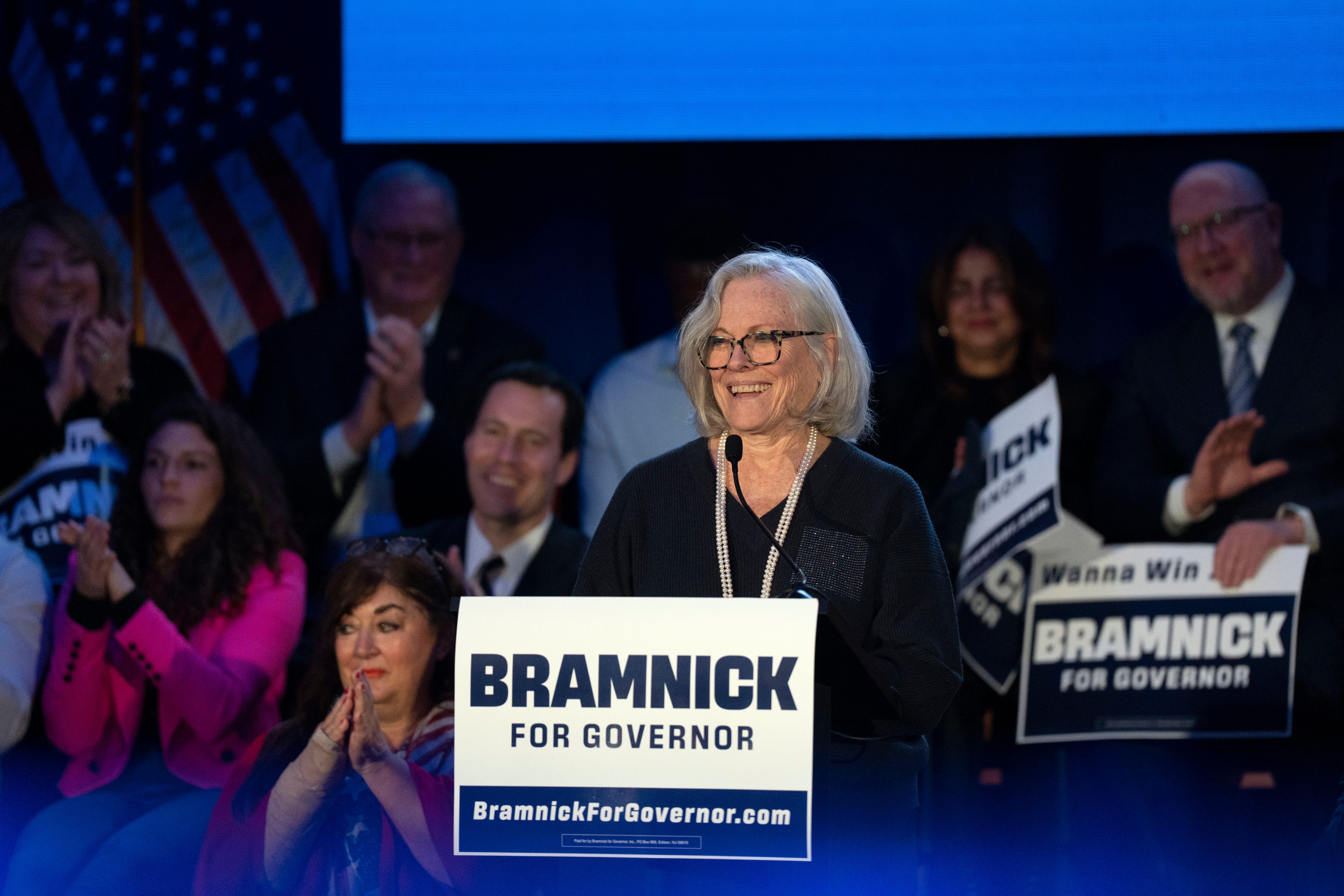 Jan 27, 2024; New Brunswick, NJ, United States; Patricia Bramnick talks about her husband State Sen. Jon Bramnick, a Republican, before his announcement that he is running for NJ governor during an event at The Stress Factory.