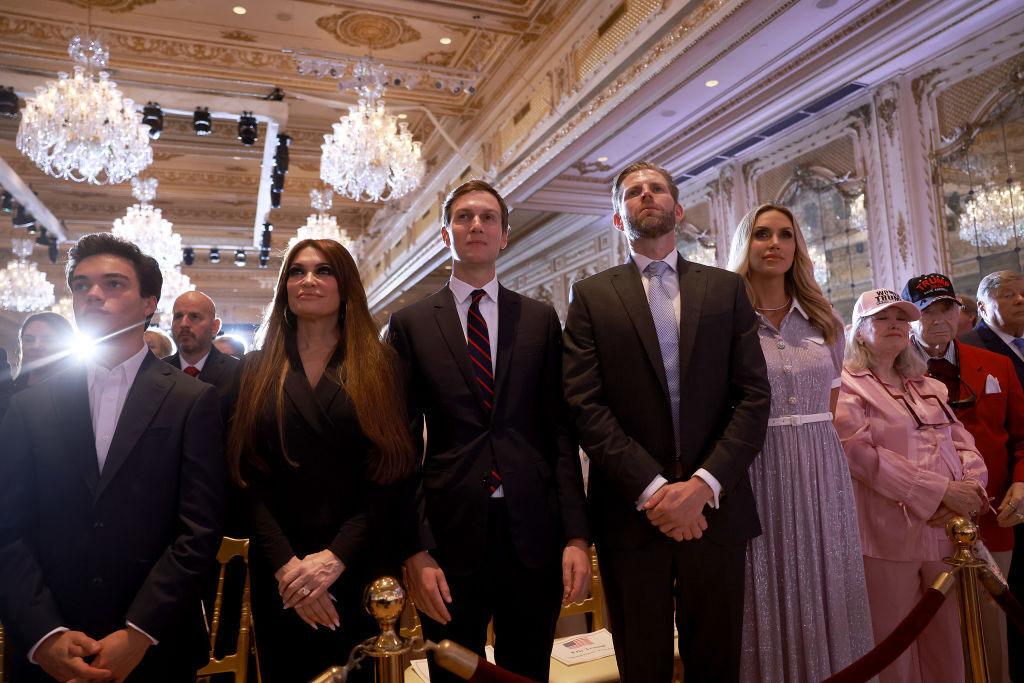 Kimberly Guilfoyle, Ronan Villency, Jared Kushner, Eric Trump, and Laura Trump listen as former U.S. President Donald Trump speaks during an event at his Mar-a-Lago home on Nov. 15, 2022 in Palm Beach, Florida.