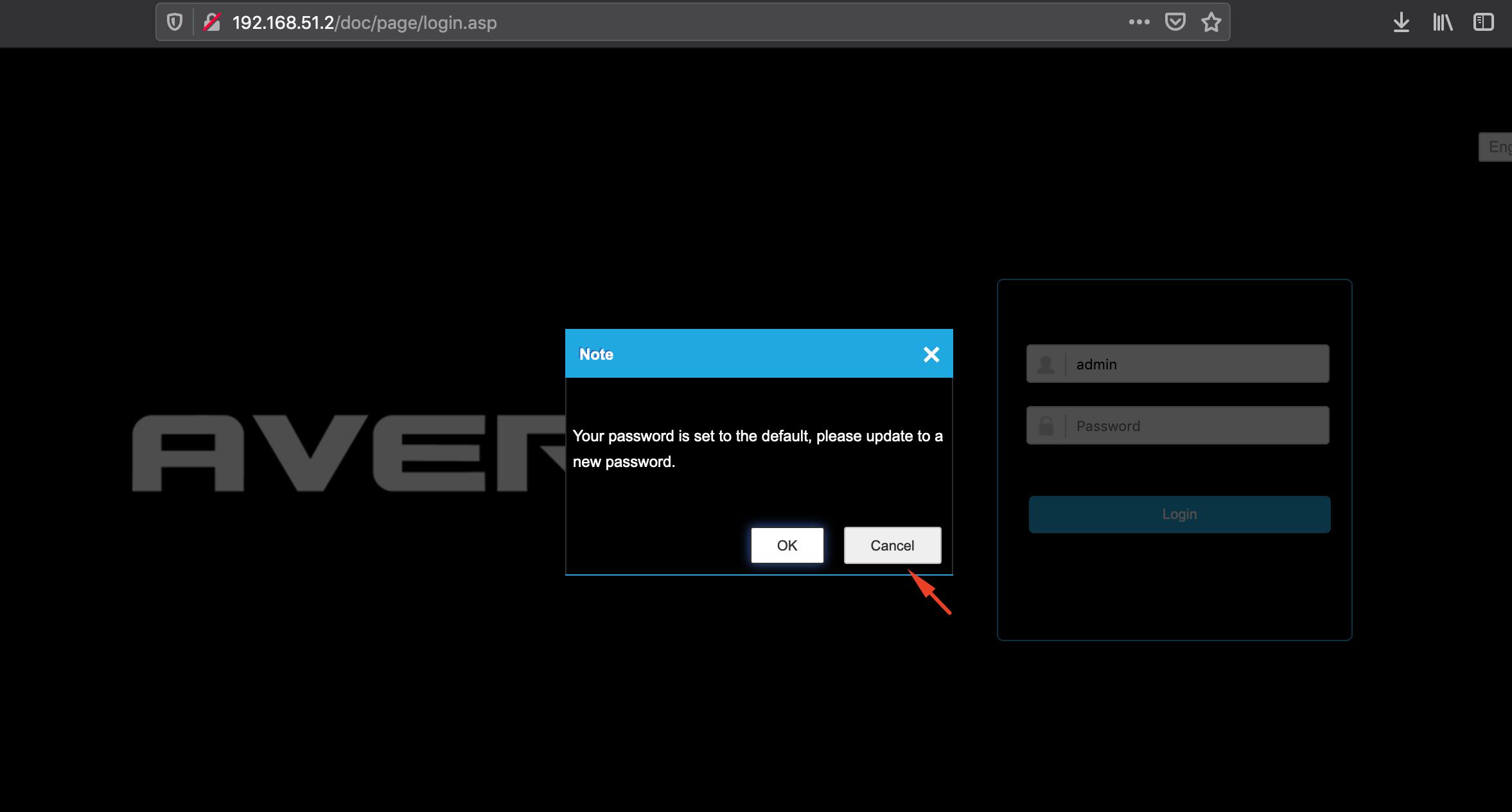 AvertX IP cameras show a pop-up window suggesting the user change the default password for the admin account, but the suggestion can be ignored.