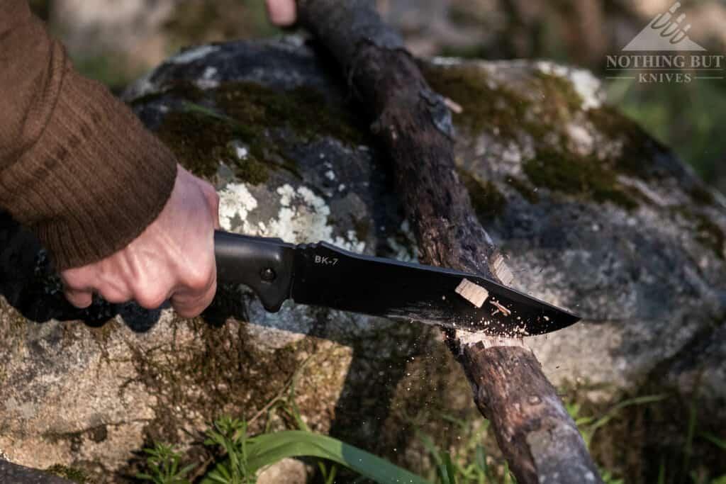 The BK7 was made to chop. It can clear branches, baton firewood and chop up small logs faster than just about any other Bowie knife we have tested.