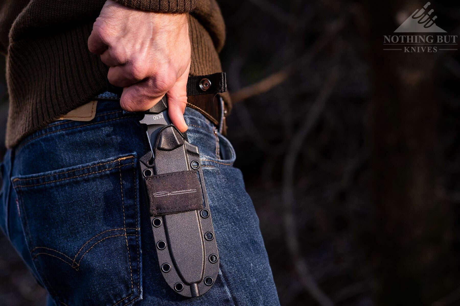 The EK Commando ships with a kydex sheath that folds the knife firmly in place.