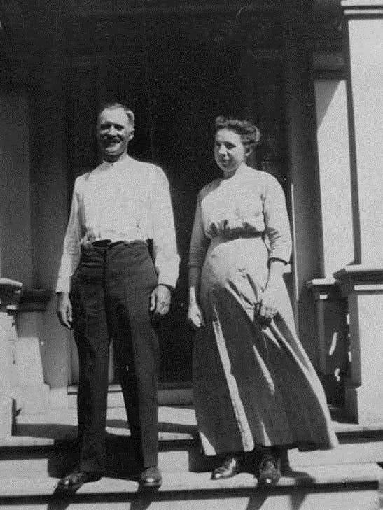 Joseph and Emma Bauman, the grandparents of Jim Bauman, standing in front of the farmhouse on the property in this circa 1914 photo.