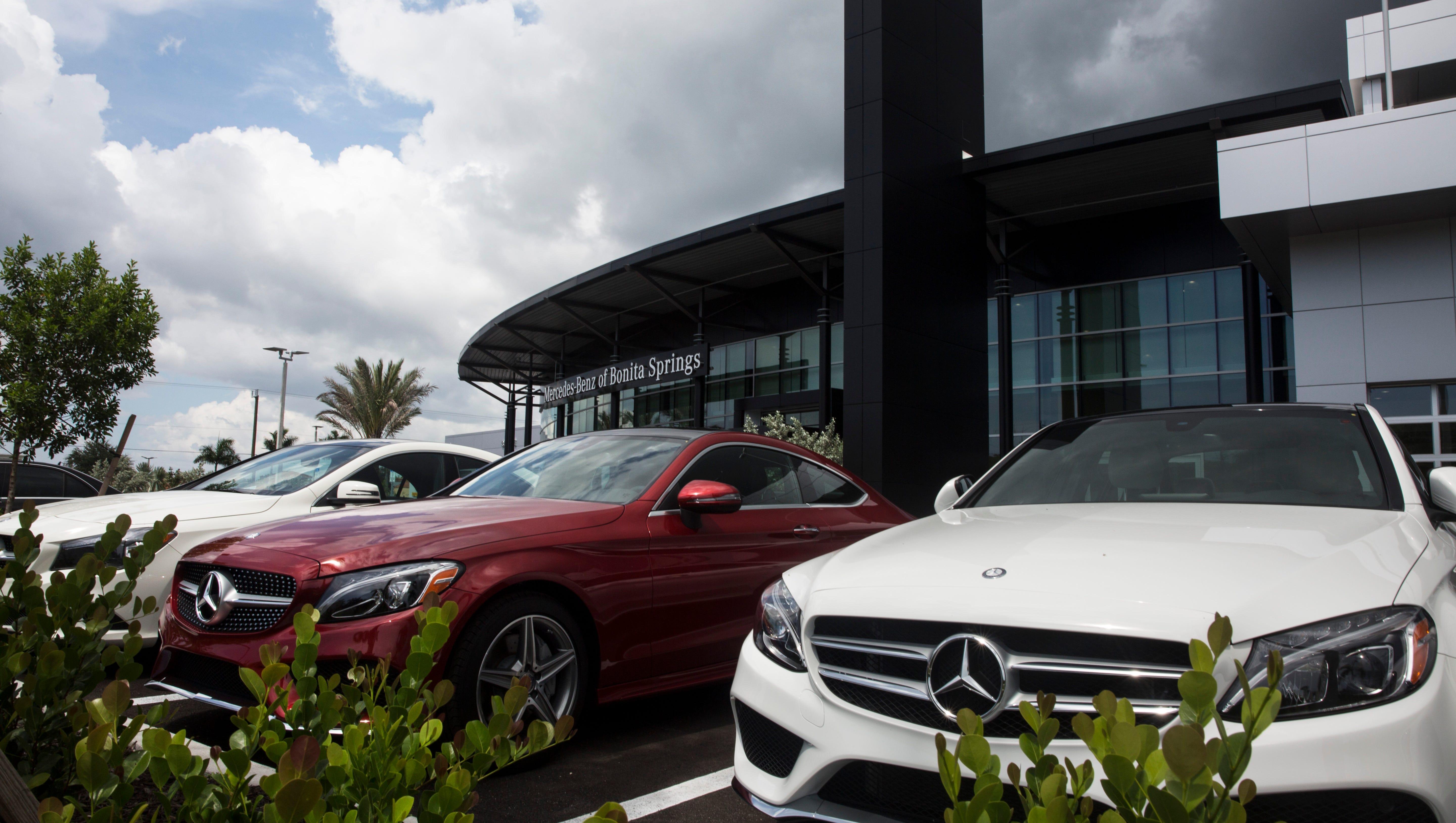 New cars sit in the lot of the Mercedes-Benz dealership in Bonita Springs, Florida.