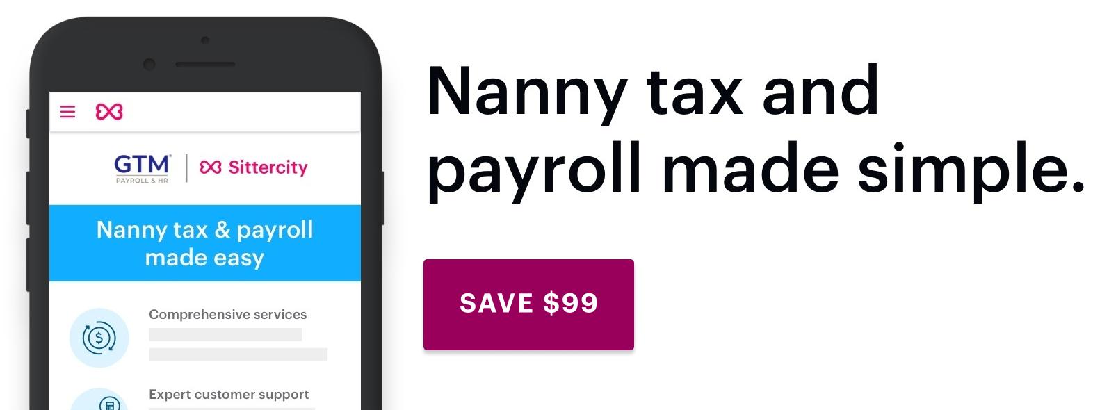 Banner image showing a phone and text that says, "Nanny tax and payroll made simple."