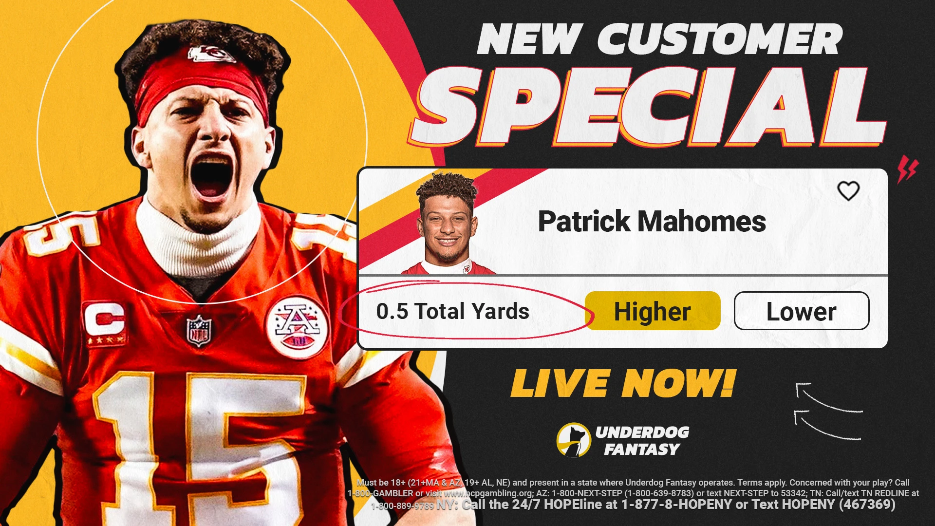 NFL player props special at Underdog Fantasy for Super Bowl 58 is Patrick Mahomes over 0.5 total yards. Use promo code PROPS. New customers only.