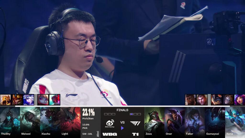 Worlds 2023 finals between T1 and Weibo Gaming featuring the pick and ban phase for game two