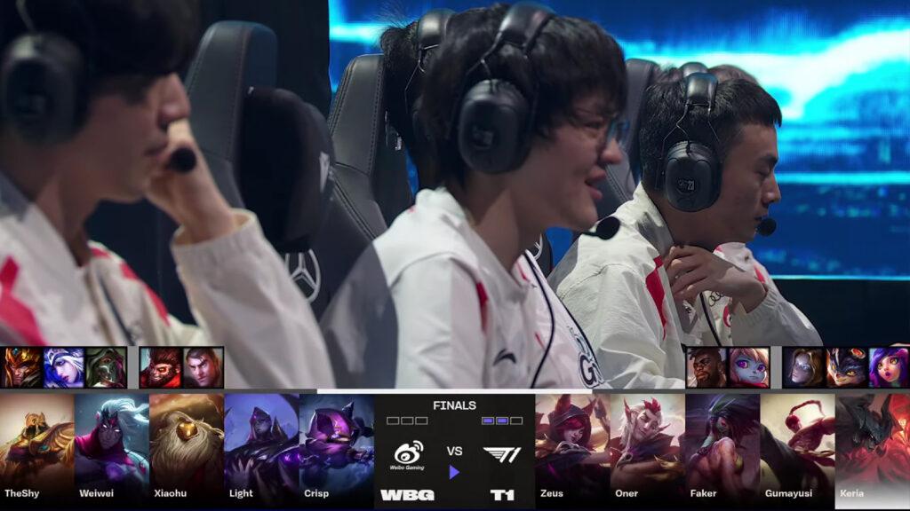 Worlds 2023 finals between T1 and Weibo Gaming featuring the pick and ban phase for game three