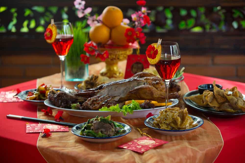 Chinese New Year dinner place setting with decorations