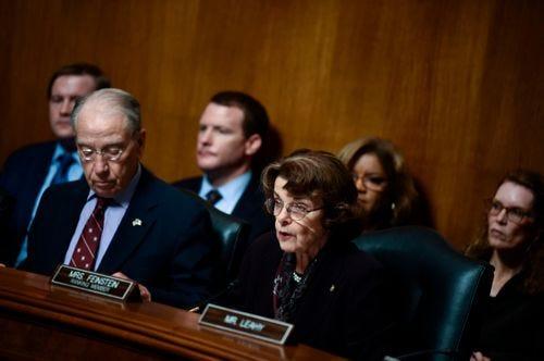 In this file photo from 2018, Sen. Dianne Feinstein D-CA (front right) Ranking Member of the Senate Judiciary Committee criticized Brett Kavanaugh