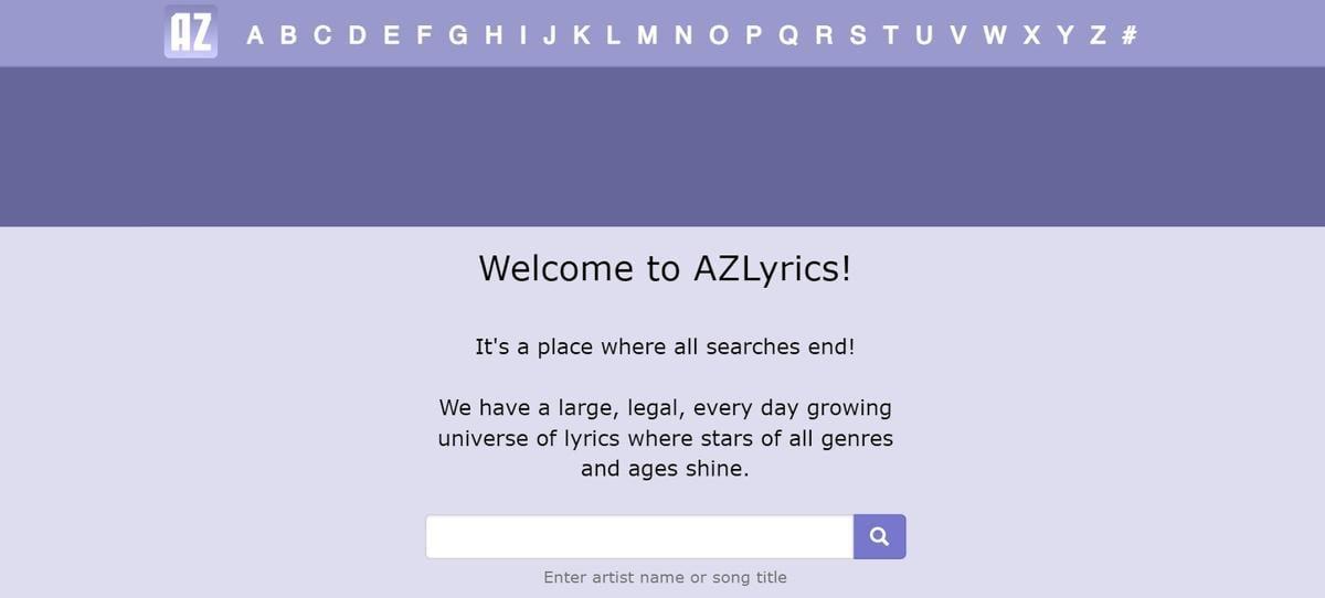 AZLyrics website landing page