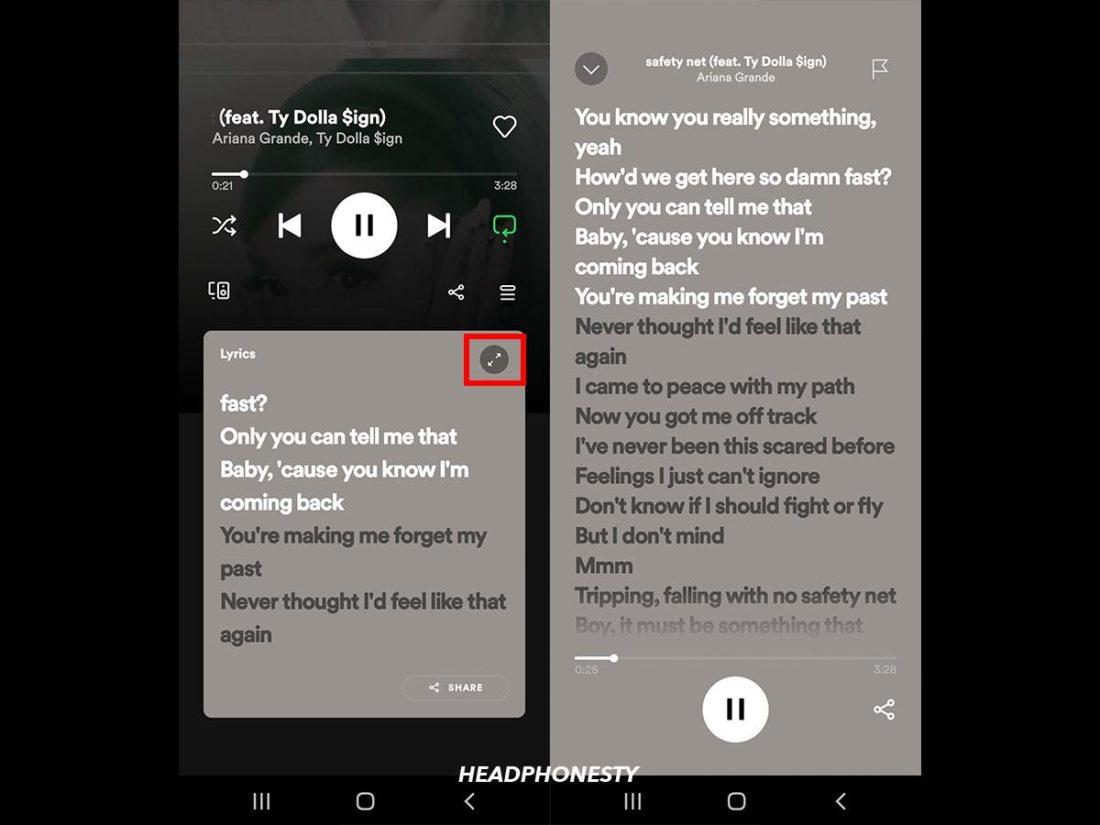 Viewing Spotify lyrics in full screen mode