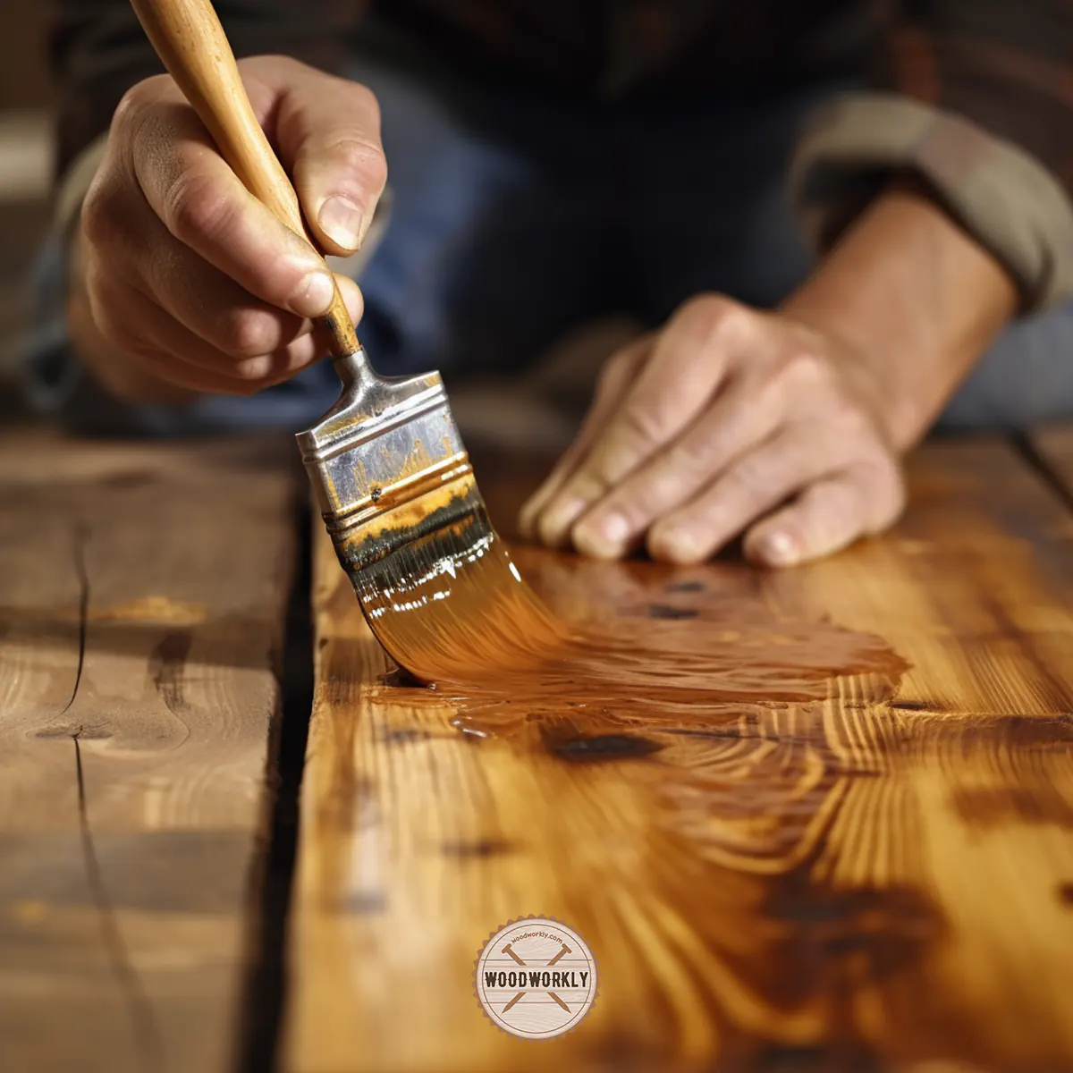 Applying linseed oil on wood surface