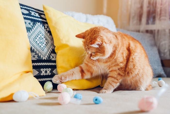 Image capturing a playful ginger cat in action, illustrating its exuberance and joy while engaging in interactive play.