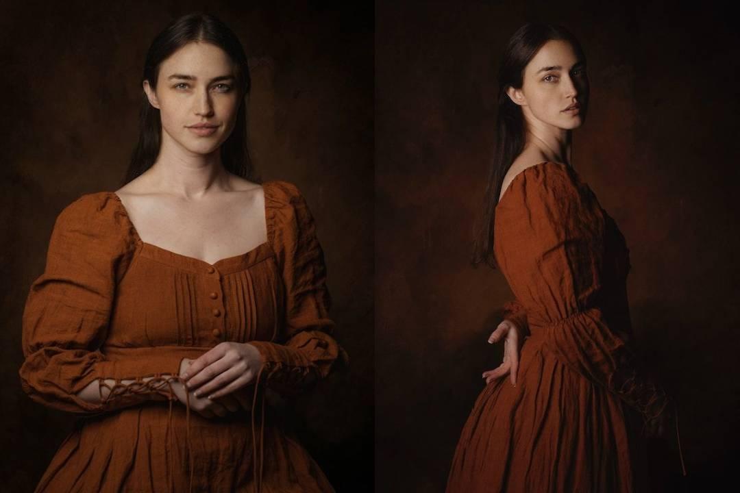 Front and side shots of a girl in a red dress