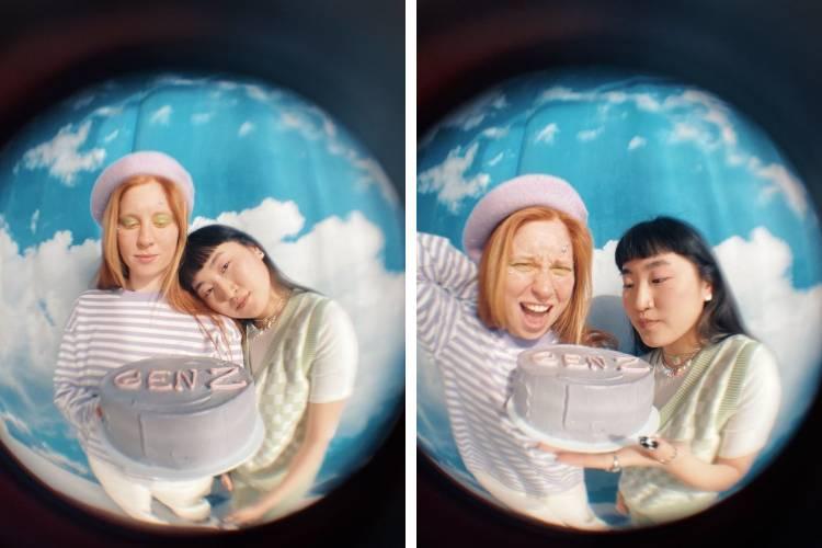 two girls with a cake, fisheye effect