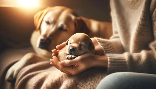 A serene and compassionate moment of comforting a newborn puppy, featuring a gentle human hand or a nurturing mother dog softly cradling or soothing a small, content puppy.