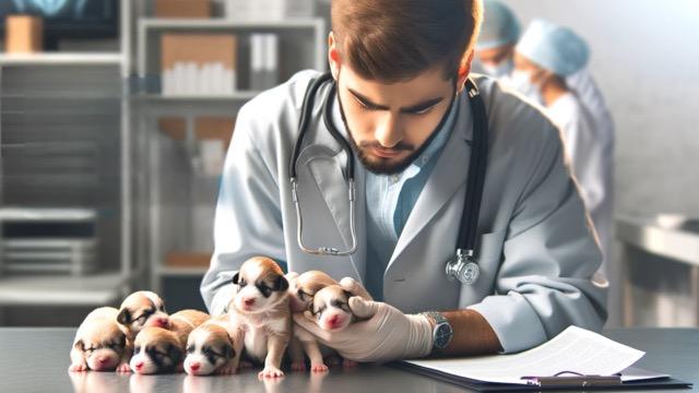 a veterinary professional examining a group of newborn puppies, highlighting common health concerns in newborn puppies.