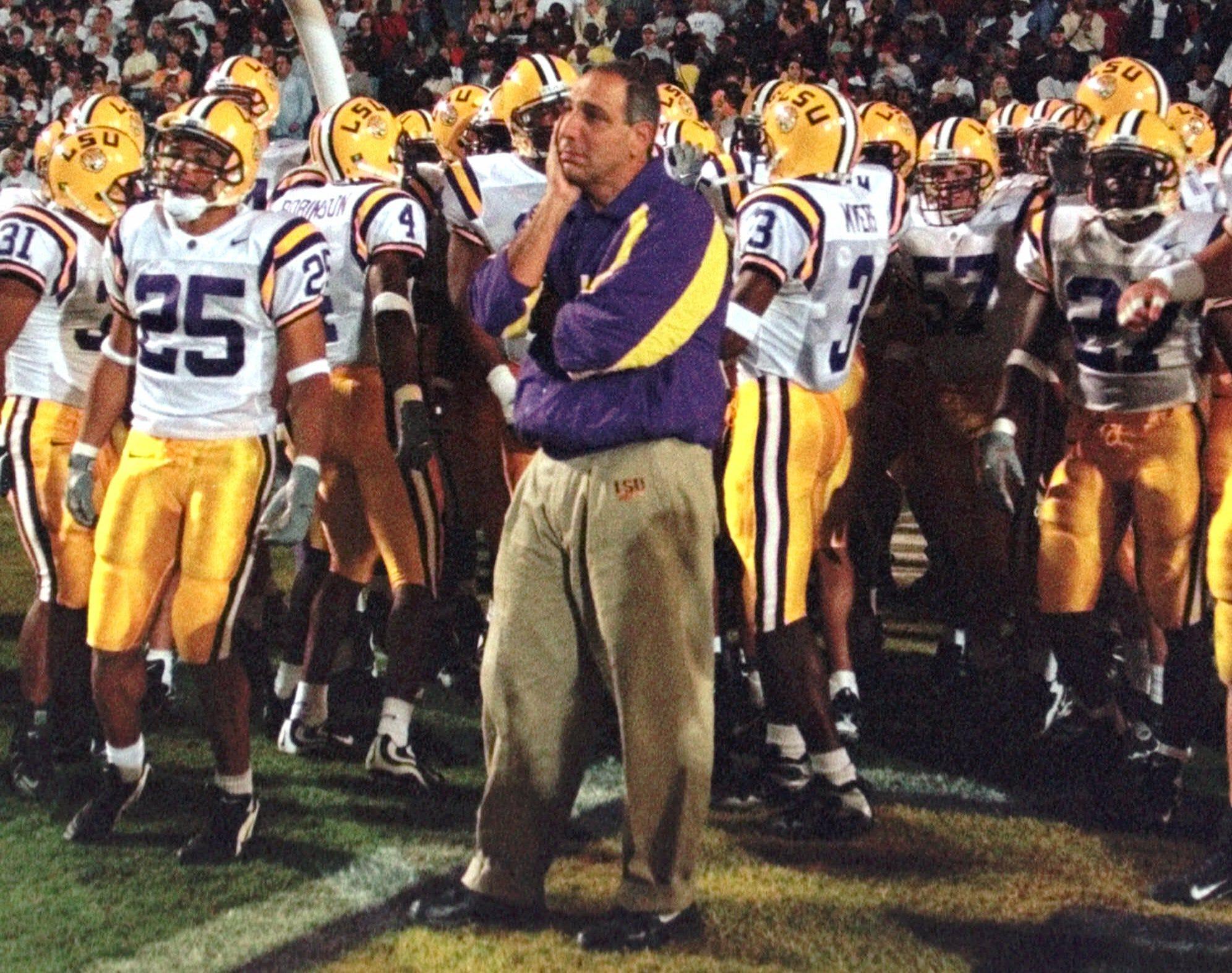 Louisiana State University head football coach Gerry DiNardo waits for the start of the LSU-Houston game Saturday nignt Nov. 13, 1999 in Baton Rogue, La.