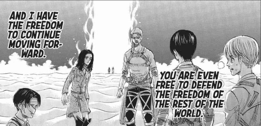 Eren meets the Alliance in the Paths; he tells them to fight in the end, Mikasa killing Eren was the only solution. Attack on Titan Manga, Chapter 133