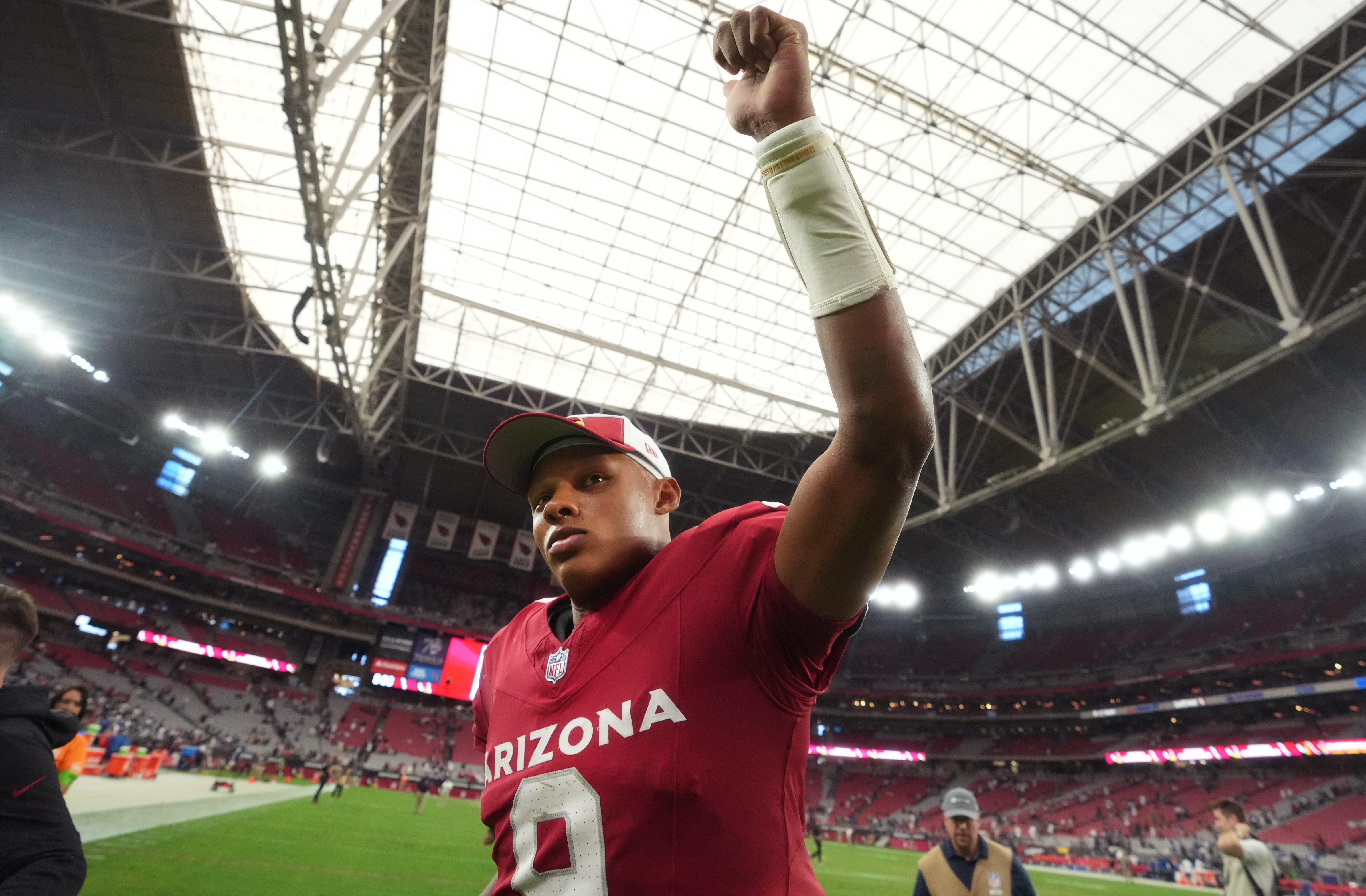 Arizona Cardinals quarterback Joshua Dobbs (9) is introduced before their game against the Dallas Cowboys at State Farm Stadium in Glendale on Sept. 24, 2023.