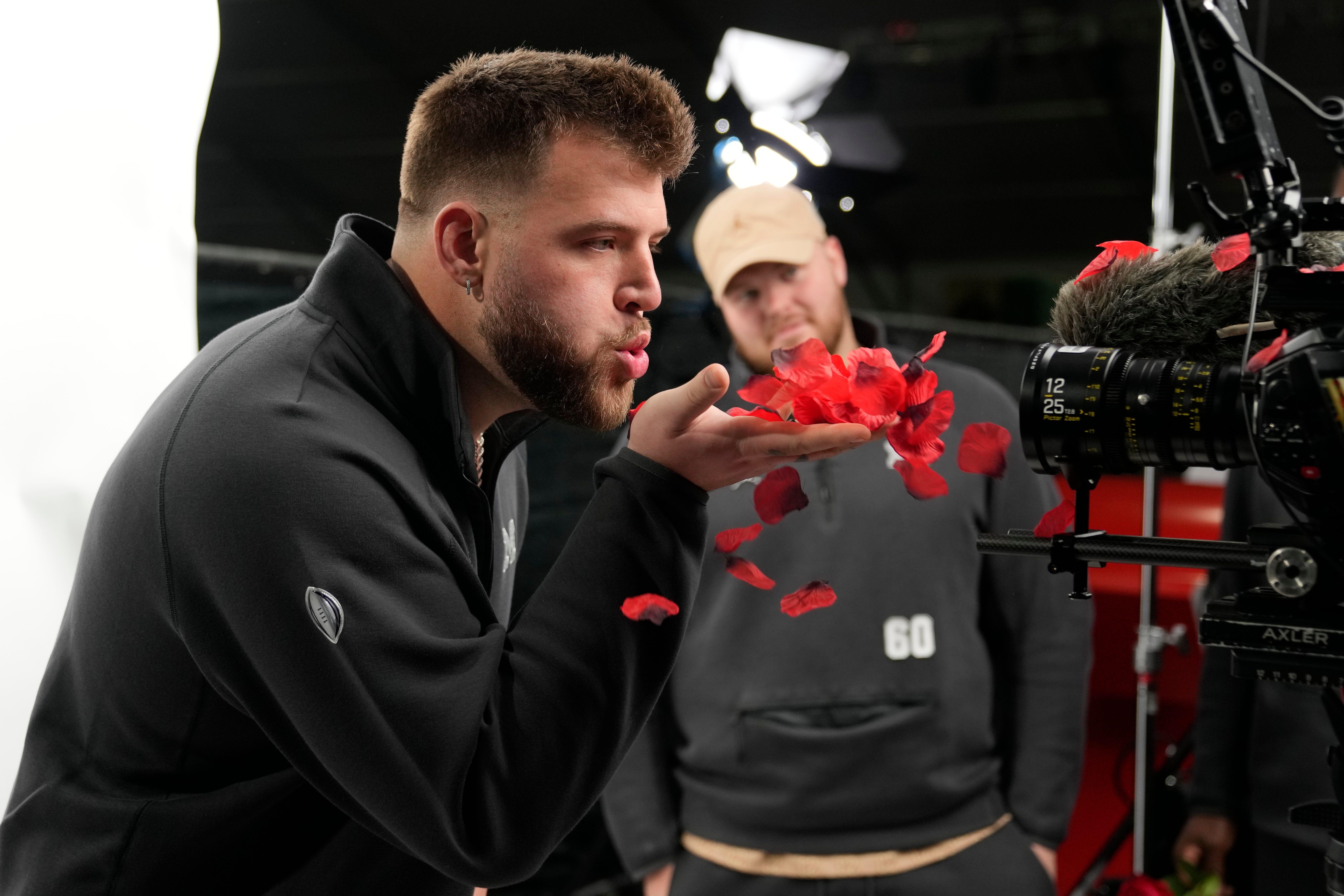 Michigan offensive lineman Trevor Keegan poses during media day Saturday, Dec. 30, 2023, in Pasadena, Calif. Michigan is scheduled to play against Alabama on New Year