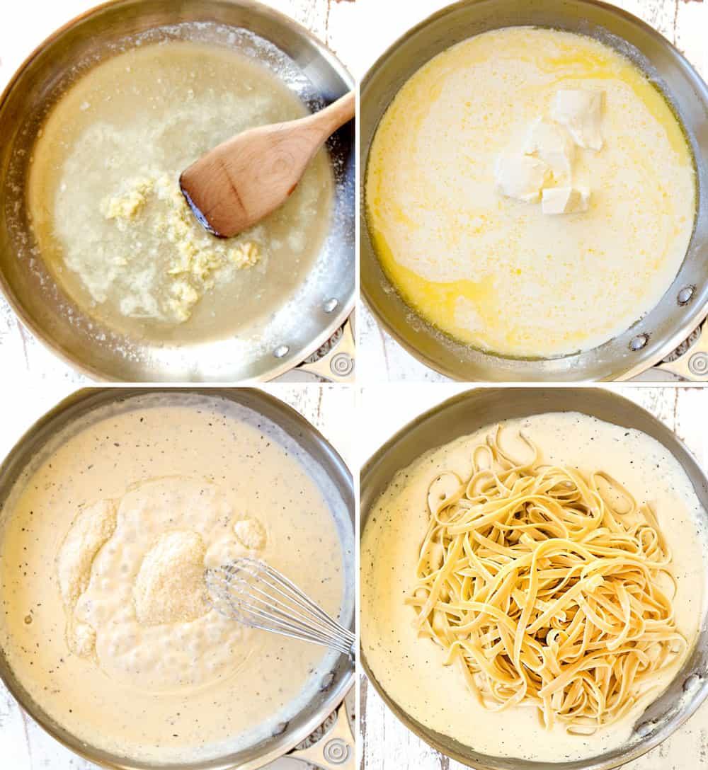 a collage showing how to make fettuccine Alfredo by 1) sautéing garlic in butter, 2) adding heavy cream to butter, 3) whisking in Parmesan, 4) adding fettuccine to sauce