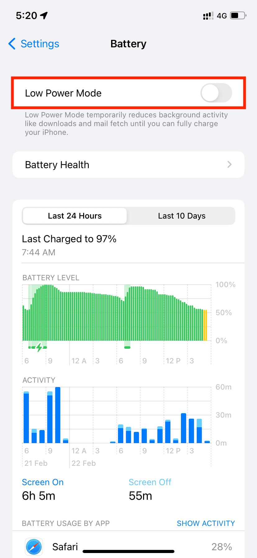 Turn off Low Power Mode on iPhone