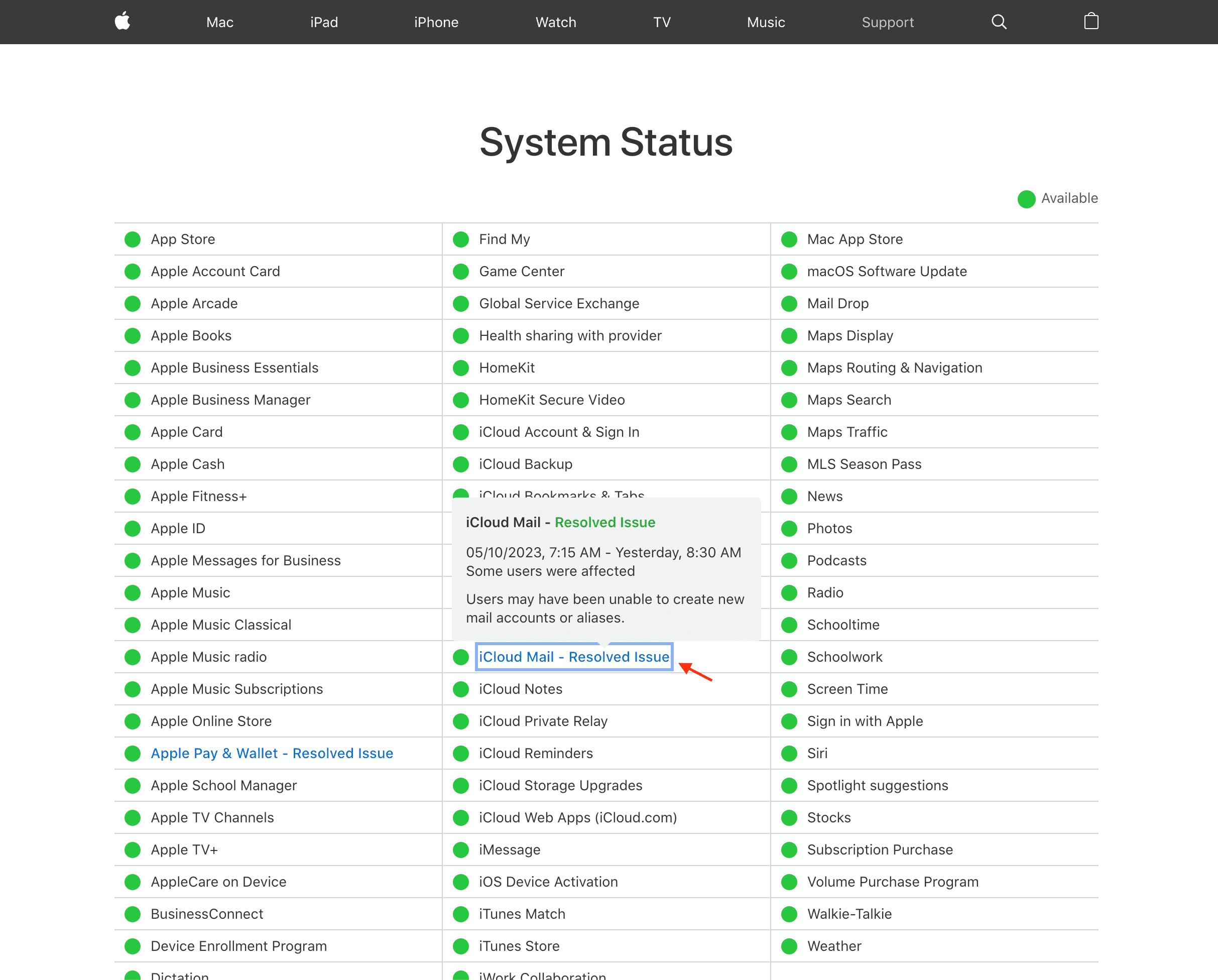 iCloud Mail issues on Apple System Status page