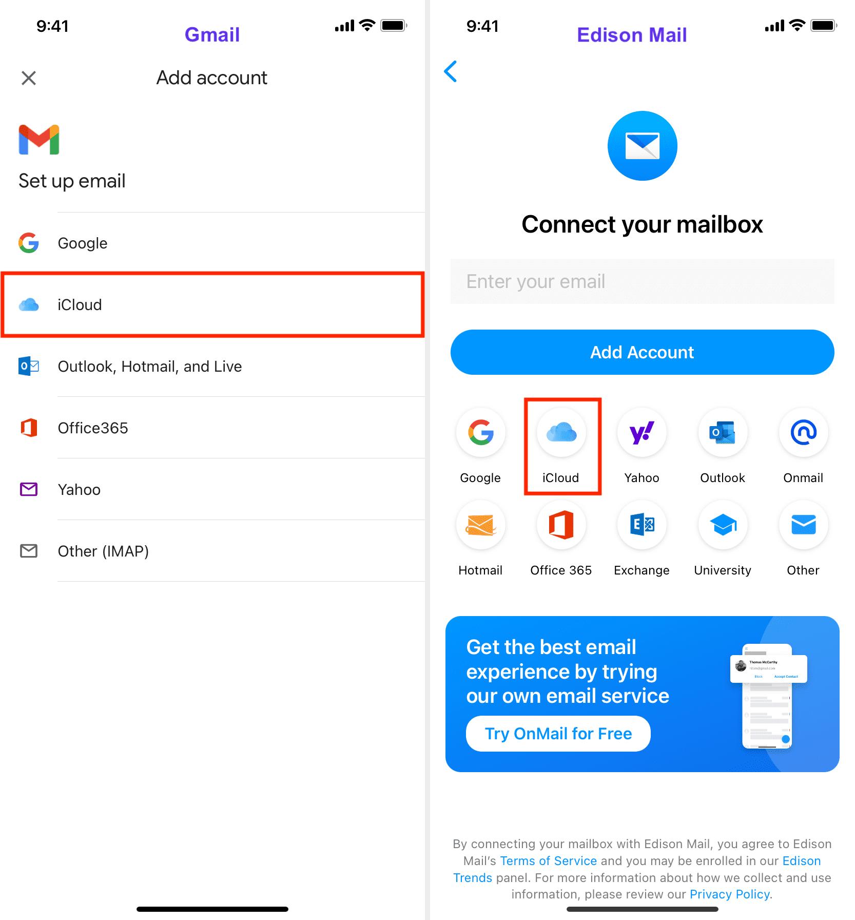 iCloud option in Gmail and Edison Mail apps on iPhone