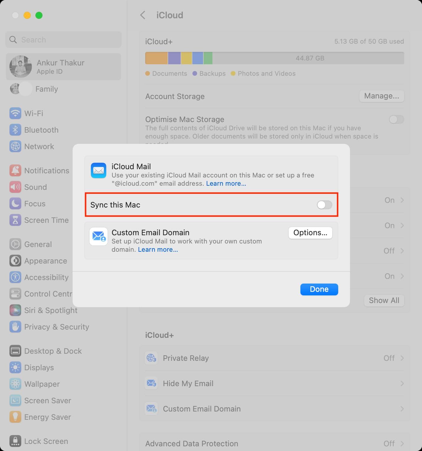 Turn off iCloud Mail from Mac Settings