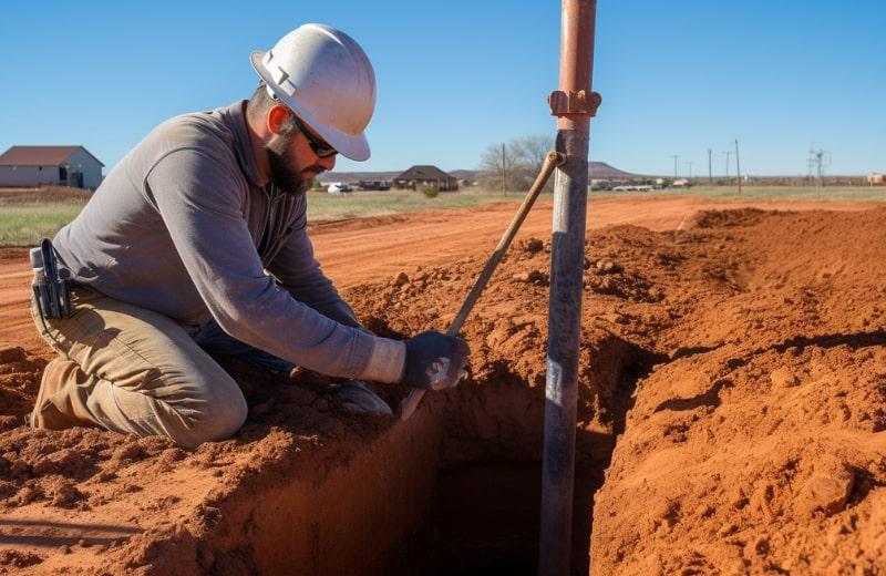 A middle aged male well contractor fixing a well on a hot sunny day