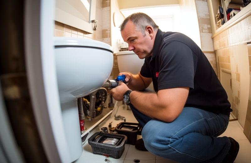 A middle-aged male plumber fixing the toilet by replacing blocked pipes