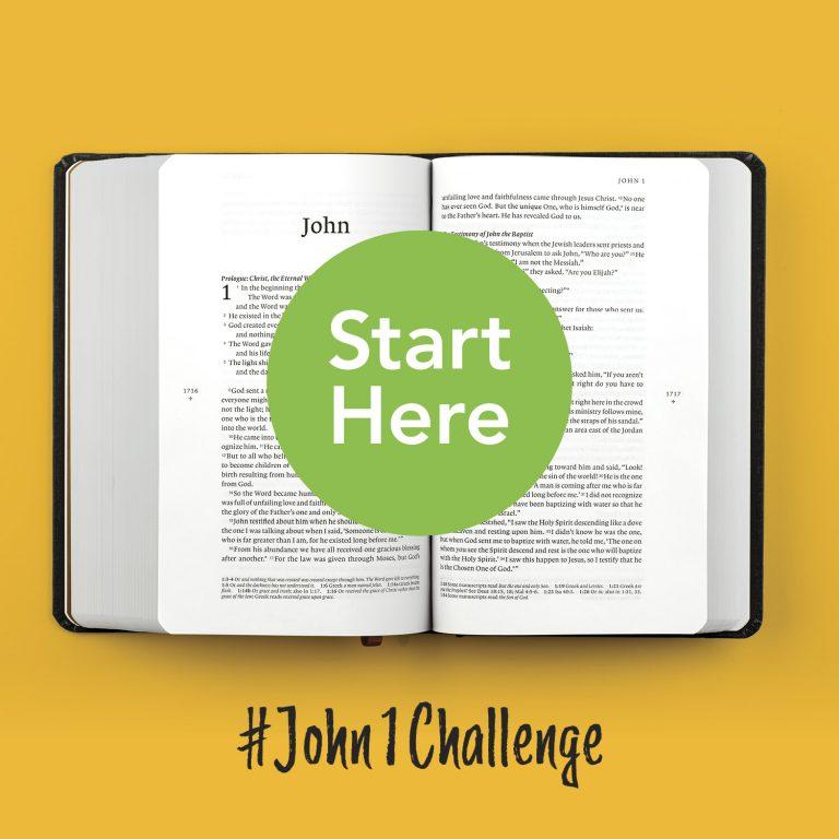 A Bible sits open at the Book of John on a yellow background. The hashtag John 1 Challenge, and a pop out sticker saying