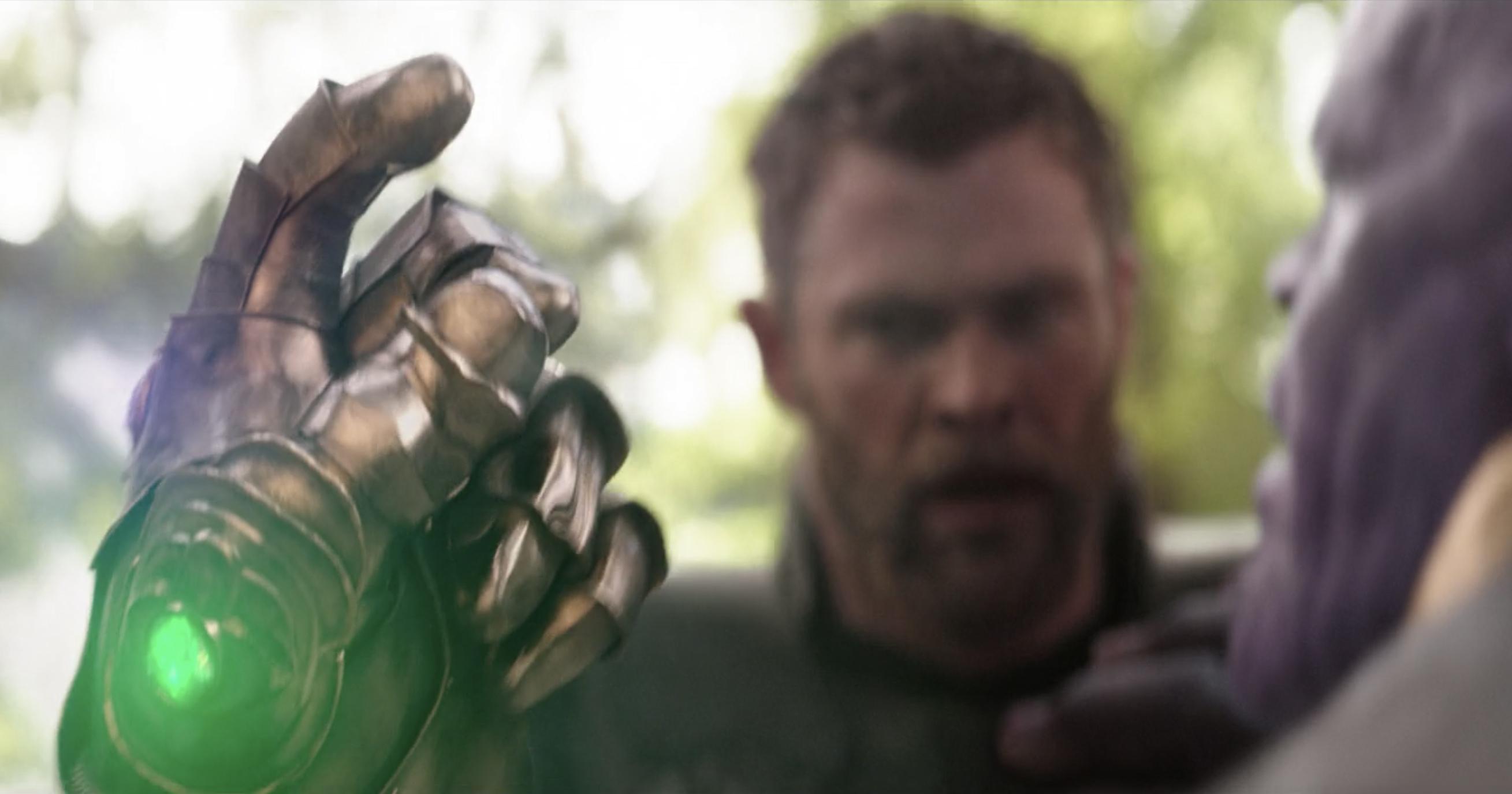 Scene from Avengers: Infinity War where Thanos snaps while wearing the infinity gauntlet.