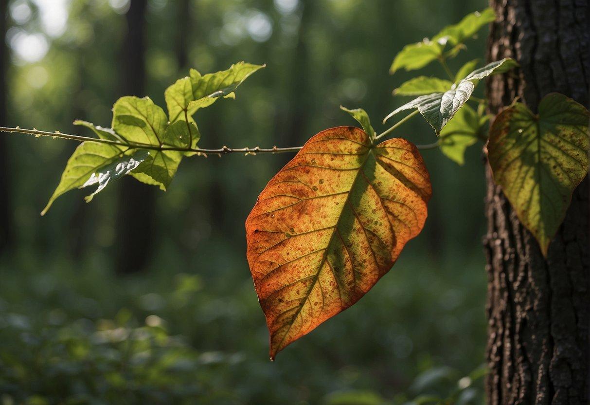 Poison ivy residue lingers on clothes for up to a year. A scene could show a forgotten jacket hanging in the woods, with vibrant poison ivy leaves nearby