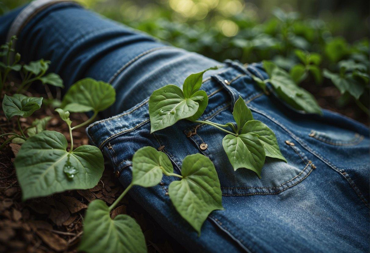 A pair of denim jeans lying on the ground with a green, leafy plant resembling poison ivy nearby