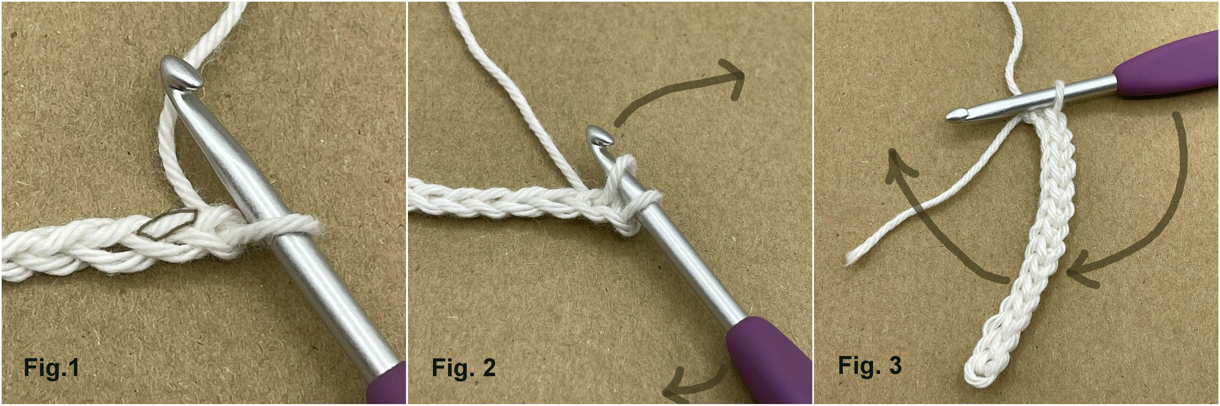 three images showing a crochet chain in white cotton