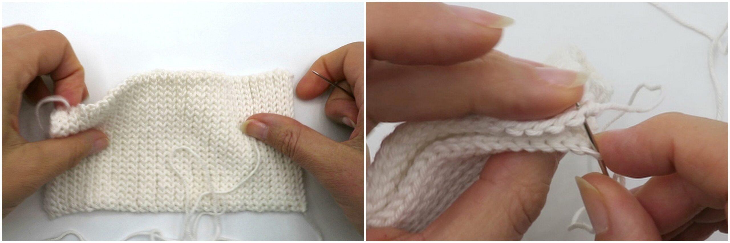 two images showing a crochet cuff being pinned to a sweater ready to be sewn on