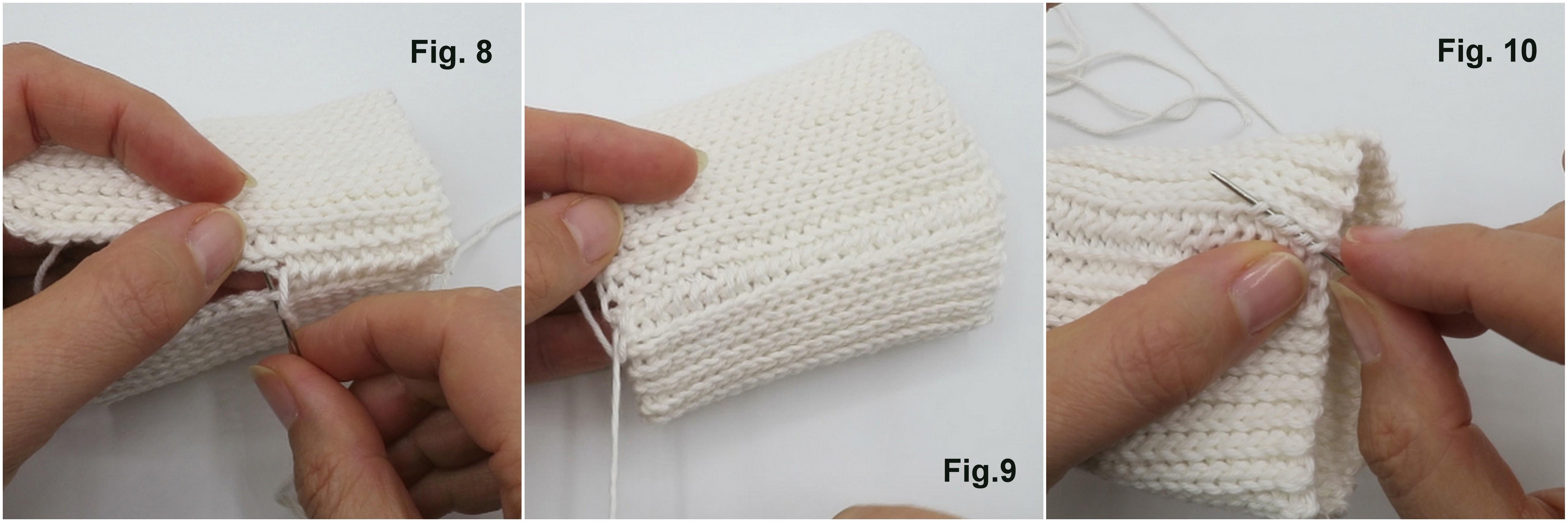 a series if 3 images showing the gathering of a white cotton sleeve with blue tacking stitch in preparation for sewing on a stretch rib crochet cuff