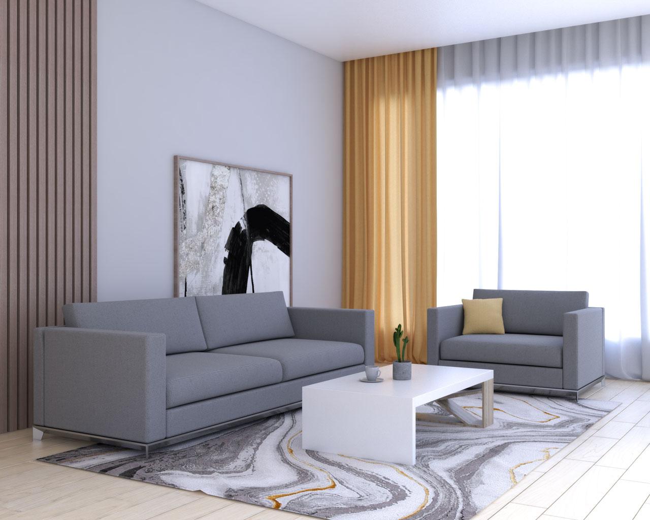 Yellow curtains with gray furniture